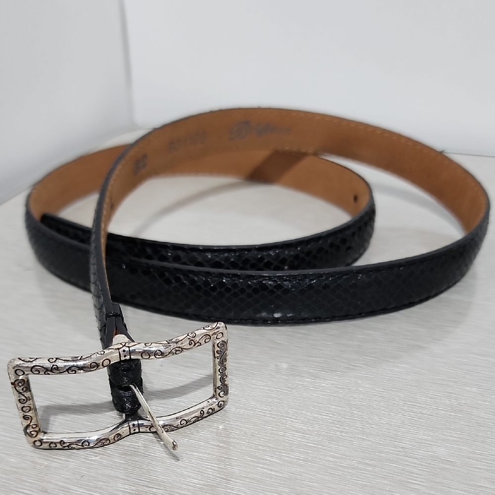 Brighton Black and Silver Leather Belt with Textured Buckle